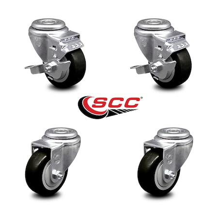 Service Caster 3 Inch Black Polyurethane Wheel Swivel Bolt Hole Caster Set with 2 Brake SCC SCC-BH20S314-PPUB-BLK-TLB-2-S-2